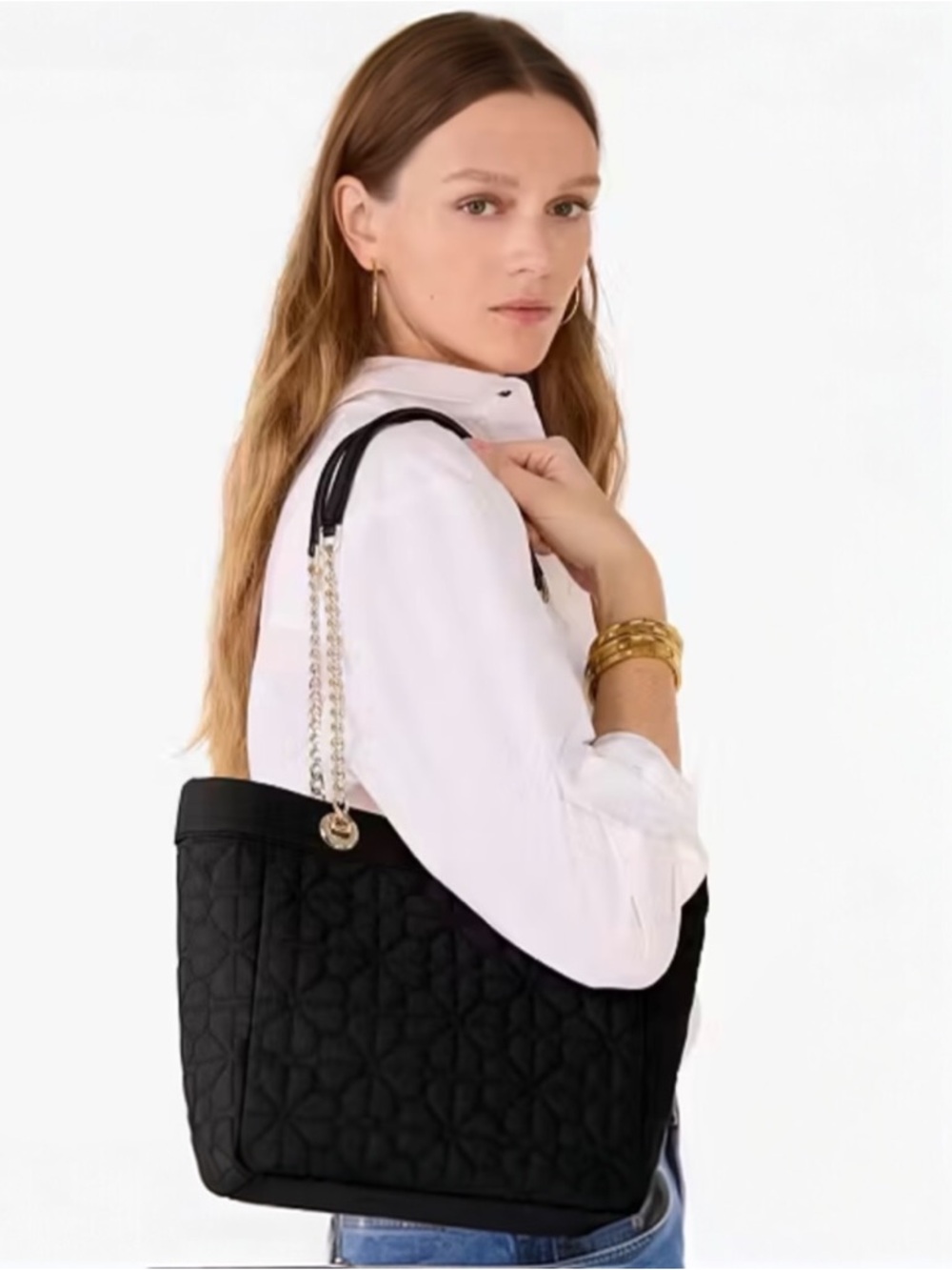 💰PRICE DROP💰 Kate Spade Spade Flower Quilted Medium Tote Black Chain Strap - Picture 13 of 14